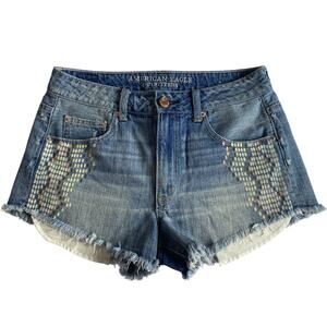 American Eagle Micro Mini Denim Shorts Hi Rise Festival Cut Off Distressed Sz 8